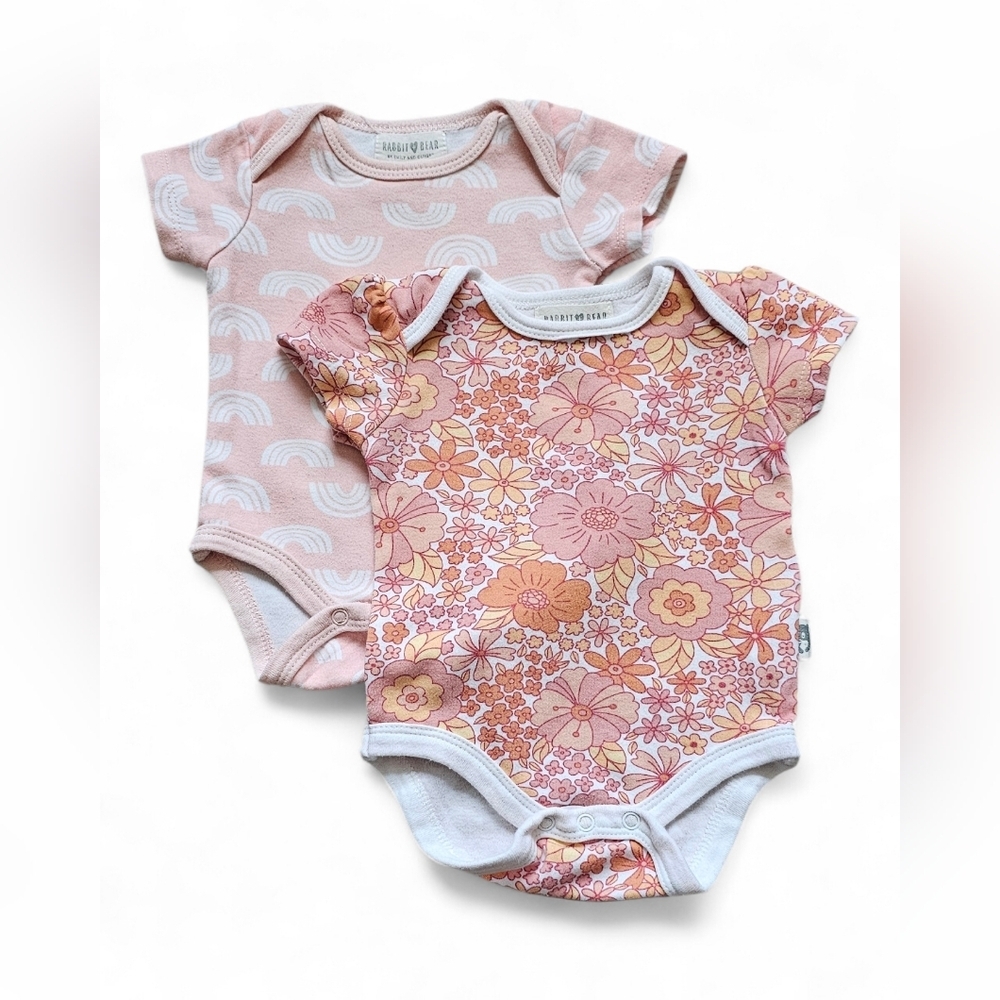 Rabbit & Bear Baby Girl Bodysuit Set Floral & Pink Rainbow Size 0–3 Month
